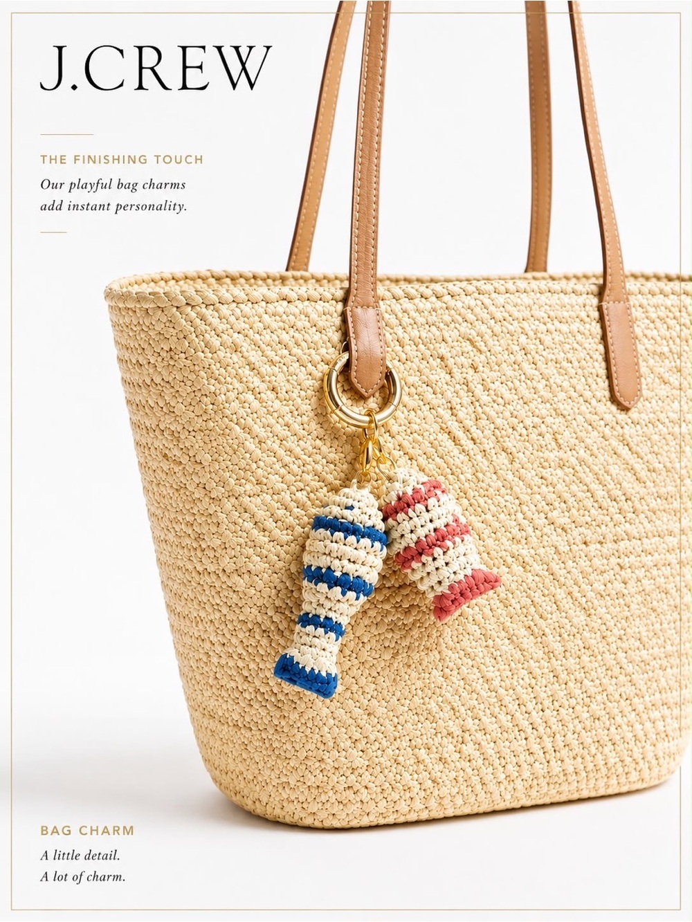 J. Crew Raffia Tassel Bag Charm in Navy, Raspberry & Natural 🐟🍓